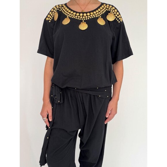 80s black embellished gold seashell retro loose cotton pant one piece jumpsuit - Picture 4 of 10